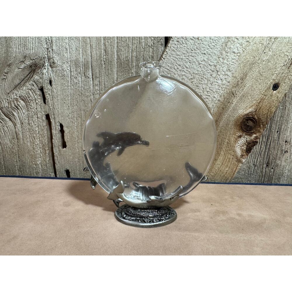 Nautical Decorative Oval Flat Oil Lamp Bottle W/ Fine Pewter Dolphin No Wick